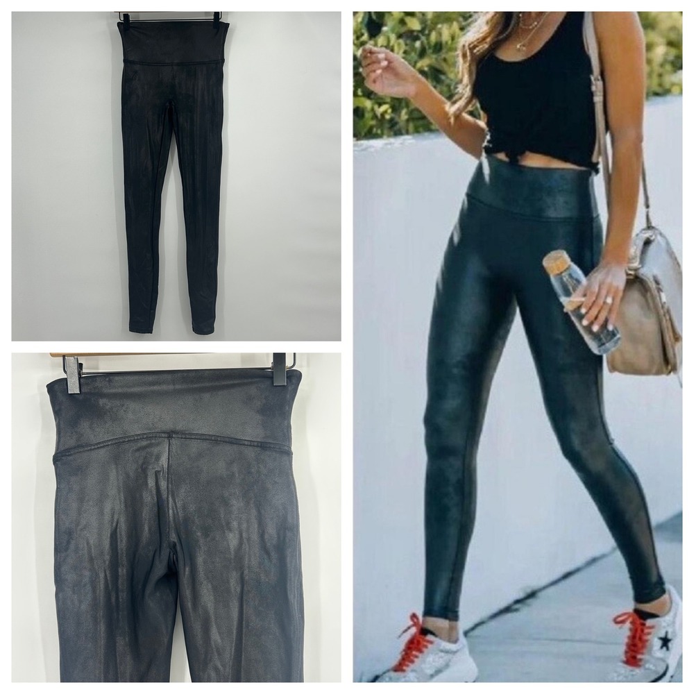 Spanx Faux Leather Leggings Black High Rise Tall Large L/G Compression Pants